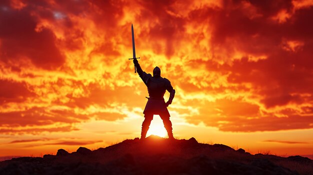 Photo silhouette of a knight holding a sword up high against a fiery sunset sky