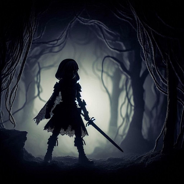 a silhouette of a knight with a sword in the dark