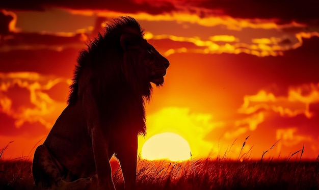 Silhouette of a Lion Against Fiery Sunset