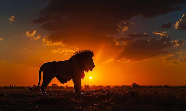 Photo silhouette of a lion against vibrant sunrise