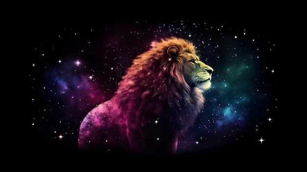 Silhouette lion in Colorful space galaxy cloud nebula generative ai