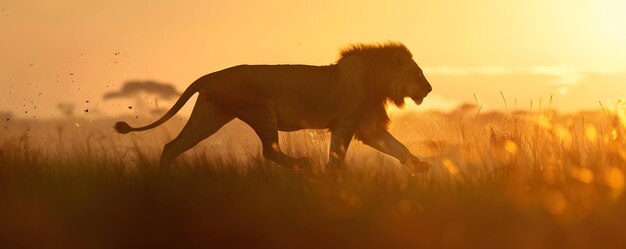 Silhouette of a Lion Running Through Grass at Sunset