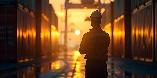 Silhouette of logistics manager overseeing supply chain transportation and technology Concept Logistics Management Supply Chain Transportation Technology Silhouette Manager