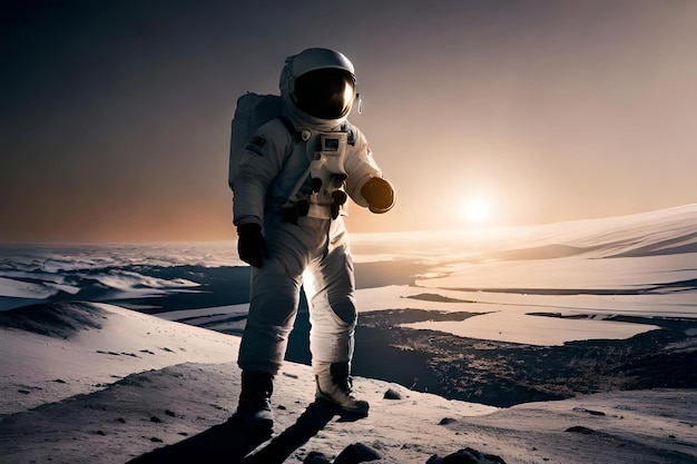 A silhouette of a lone astronaut standing on the moon's surface with Earth visible in the background