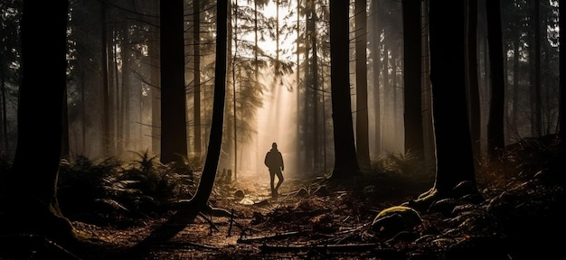 Silhouette of lone man in forestGenerative AI