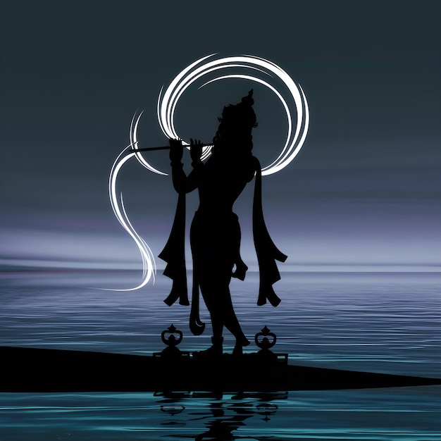 a silhouette of lord Krishna with flute in hand at the river bank