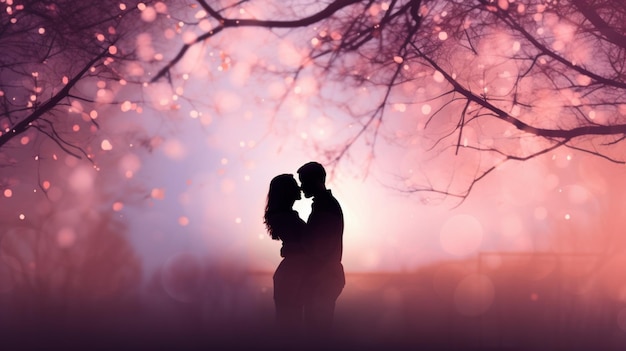 Silhouette of a loving couple on a valentines day background