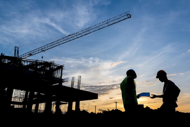 Silhouette of a male engineer standing at a construction site in the evening sunset A team of construction engineers talks to managers and construction workers at an industrial construction project