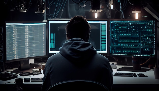 Silhouette of male hacker breaking firewall encryption to plant trojan virus looking to steal valuable data