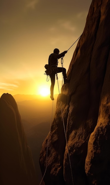 Silhouette of a male mount climber on the cliff at sunset Risk and dangerous sport concept Generative AI