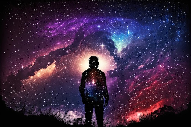 Silhouette of man against universe cosmic background Meditation and spiritual life