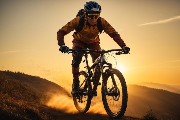 Silhouette of a man on a bicycle in the mountains at sunset A young guy cyclist performs stunts and jumps Sports active healthy lifestyle travel concepts