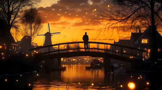 A Silhouette of a Man on a Bridge with Lights