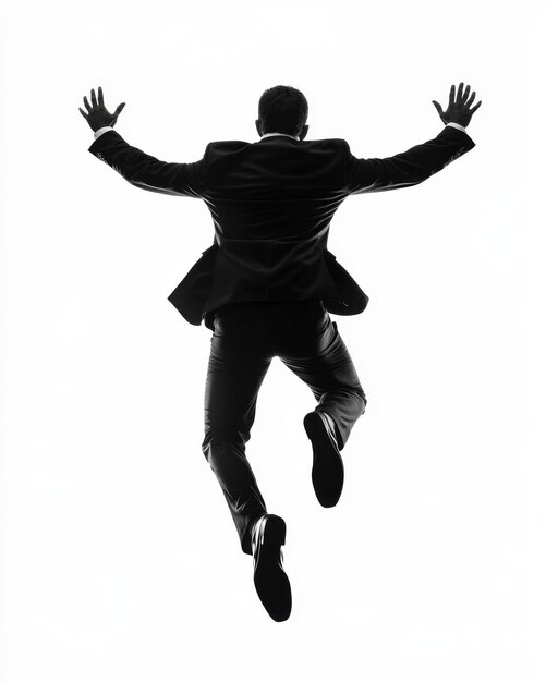 Photo silhouette of a man in business attire jumping against a white background