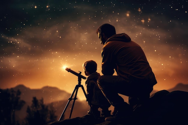 Silhouette Of Man And Child Looking At The Stars Through Telescope Generative AI