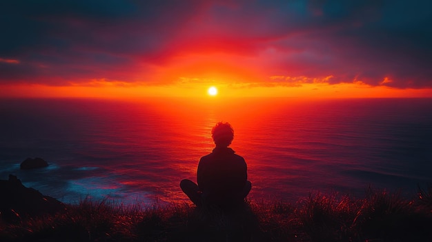 Silhouette of a Man Contemplating a Fiery Sunset Over the Ocean