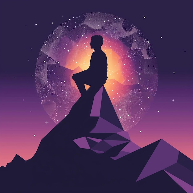 Photo silhouette of a man contemplating at sunset on a mountain peak under a starry sky