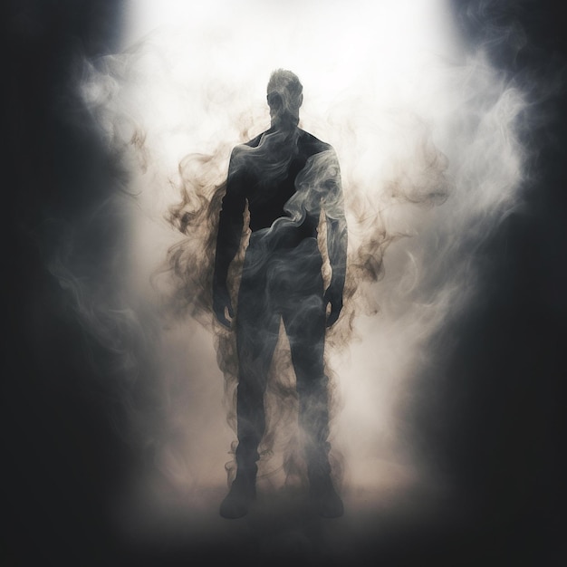 a silhouette of a man in the dark with smoke coming out of the background