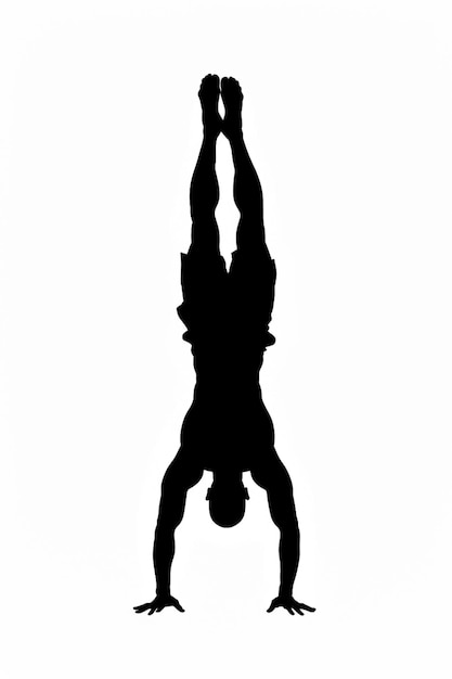 Silhouette of a man doing a handstand on a white background