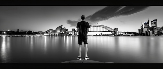 Photo silhouette of man facing sydney opera house and harbour bridge