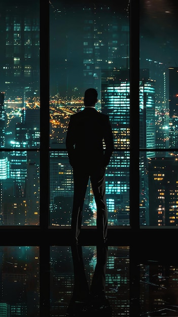 Silhouette of a Man Gazing at the Cityscape A man in a suit stands in silhouette against a large window looking out at a vibrant city night