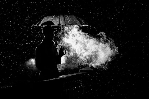 Silhouette of a man in a hat under an umbrella at night in the rain in the city in the old crime Noir style