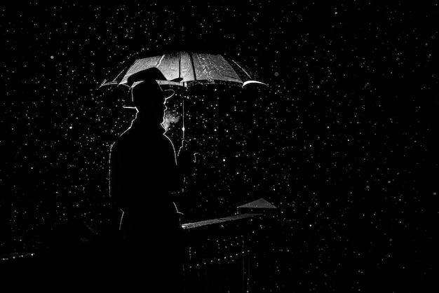 Silhouette of a man in a hat under an umbrella at night in the rain in the city in the old crime Noir style