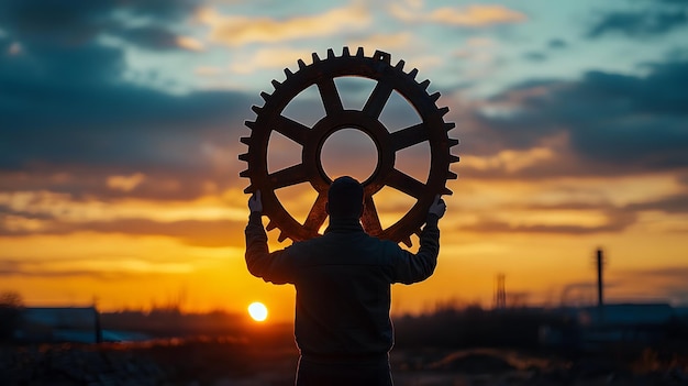 Photo silhouette of man holding large gear at sunset industrial concept symbol of engineering