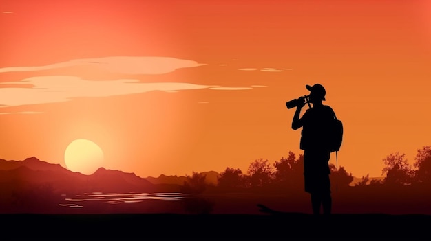 Silhouette man is drinking water bottle on hot weather background High temperature and heat wave