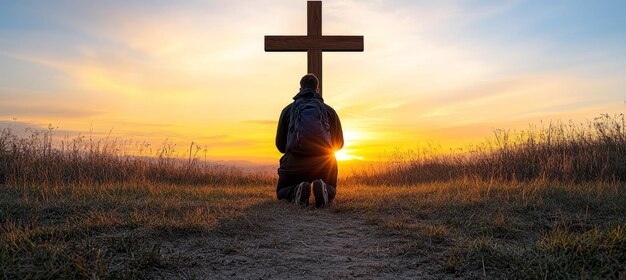 Silhouette Of Man Kneeling Before A Cross In Nature Landscape Sunrise With Dramatic Sky