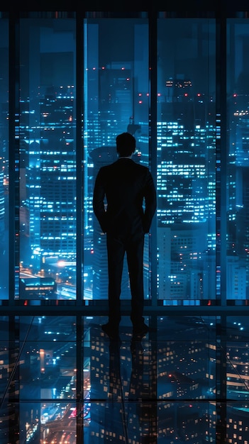 Silhouette of a Man Looking Out Over a Night City A man in a suit stands silhouetted against a large window with a cityscape full of lights reflected in the glass