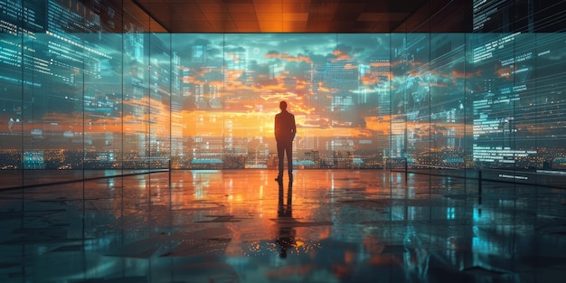 Silhouette of a man observing digital data on a futuristic screen in an office at sunset