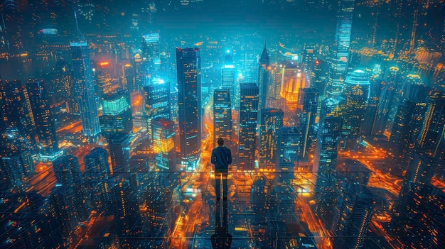 A silhouette of a man overlooking a brightly lit urban cityscape at night with towering skyscrapers