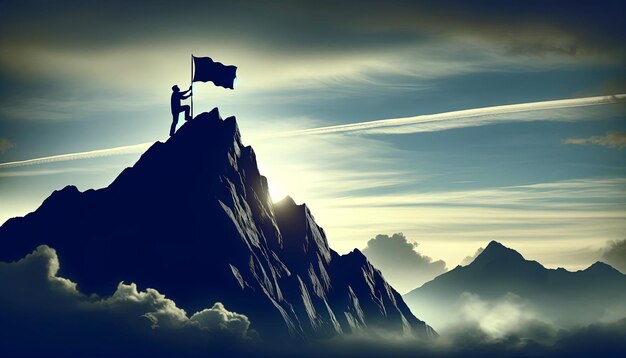 Photo silhouette of man planting flag on mountain top