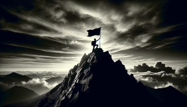 Photo silhouette of man planting flag on mountain top