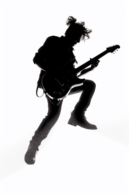 A silhouette of a man playing a guitar with the word rock on it.