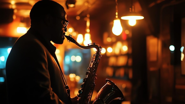 Photo a silhouette of a man playing the saxophone in a dimly lit room