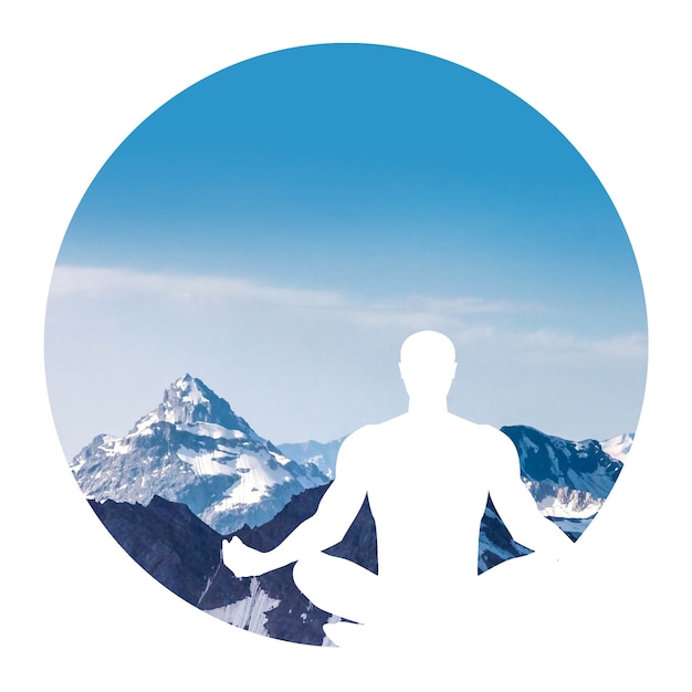 Silhouette of a man practicing yoga on a mountain background in a circle