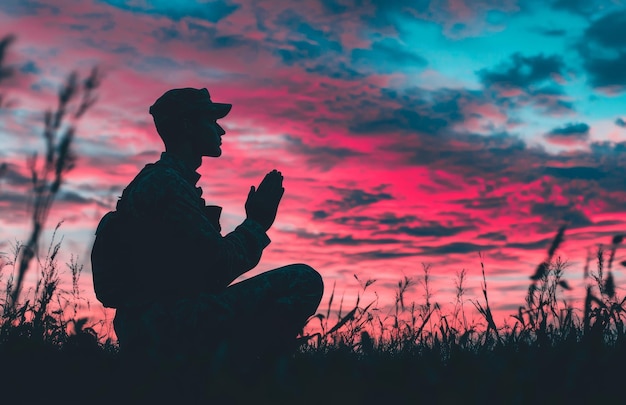 Photo a silhouette of a man praying on his knees against a vibrant sunset sunrise sky clasped hands related to discernment graciousness spiritfilled repentance gentleness grace