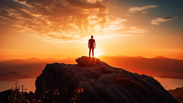 Silhouette of a man on a rock admiring a beautiful sunset