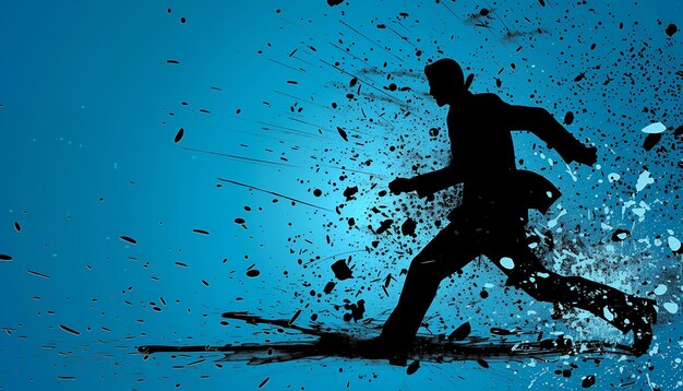 Photo silhouette of a man running on a blue background with black splatter paint