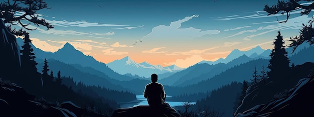 a silhouette of man sitting on a rock in the mountains in the style of dark teal and azure