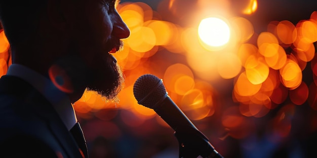 Photo silhouette of man speaking into microphone against warm bokeh light background