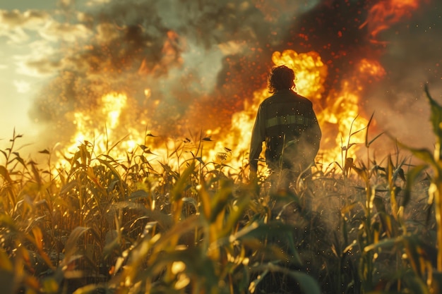 Silhouette of a Man Standing in Agricultural Field with Dramatic Fiery Sky Due to Large Blaze or