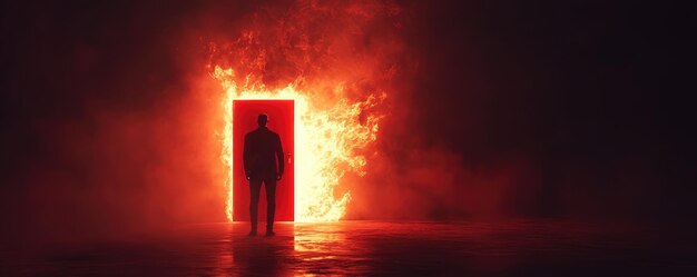 Photo silhouette of a man standing in front of a fiery portal with glowing flames and smoke