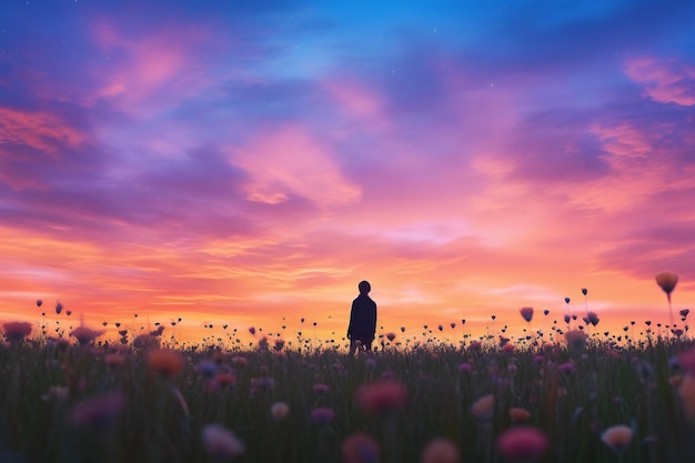 Silhouette of man standing on the meadow at sunset