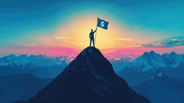 Photo silhouette of a man standing on a mountain peak holding a flag with a dollar sign against a colorful sunset