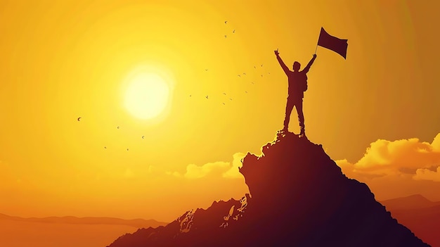 Silhouette of a Man Standing on a Mountain Peak with a Flag Illustration