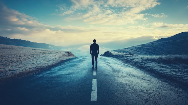 Photo silhouette of a man standing on a road leading towards a misty mountain range