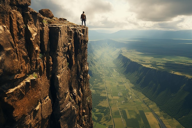 Silhouette of a Man Standing on Top of a Cliff with Green Nature View at Bright Day